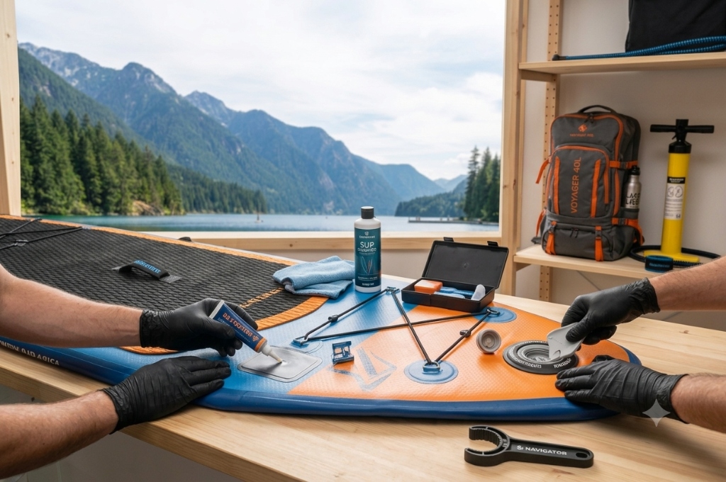 Atelier d'entretien et de réparation de Stand Up Paddle gonflable avec clé de valve, patch PVC, colle étanche et produits nettoyants