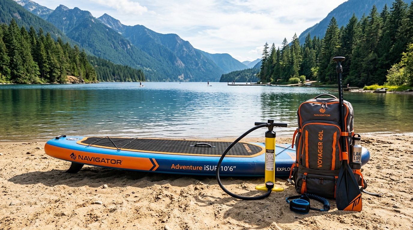 Stand Up Paddle gonflable avec pompe haute pression, sac à dos de transport et pagaie au bord d'un lac