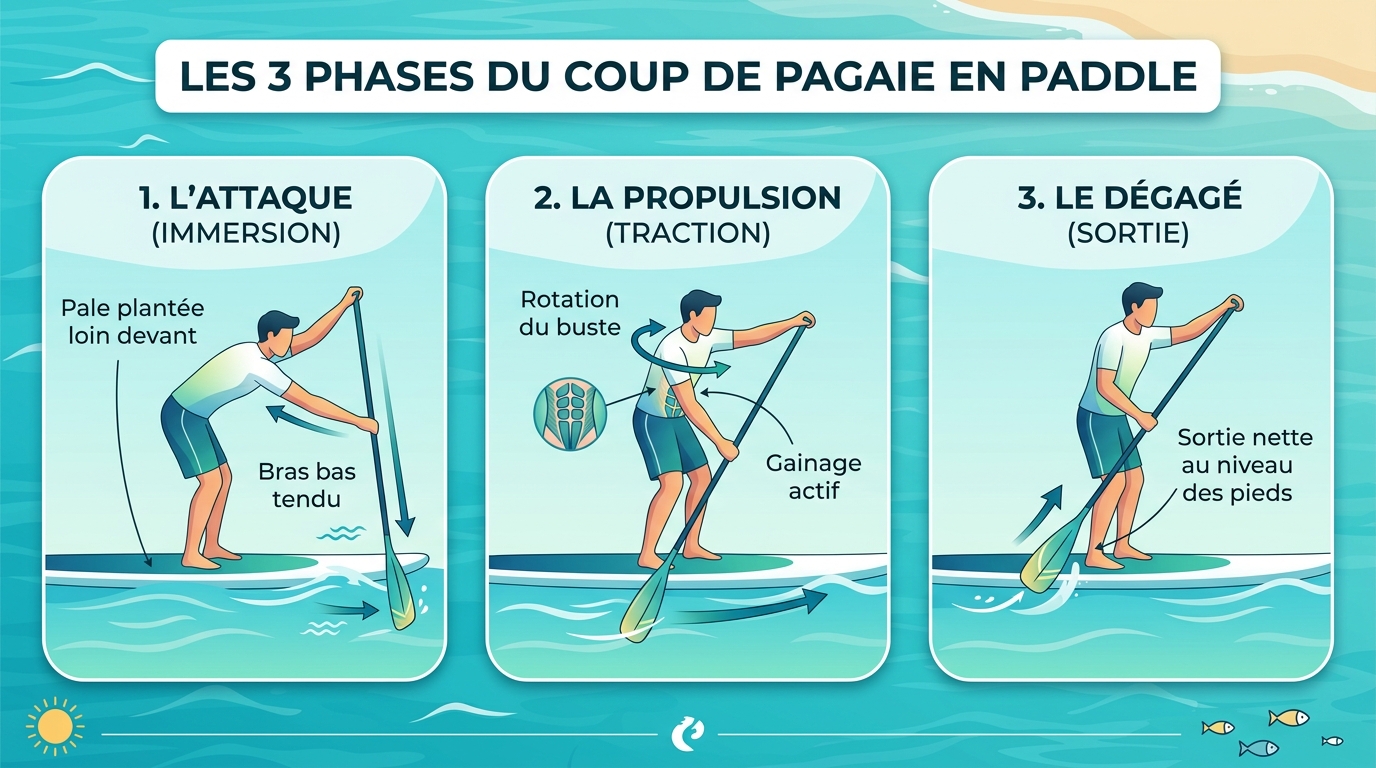 Infographie en français des 3 phases du coup de pagaie en Stand Up Paddle : l'attaque, la propulsion et le dégagé au niveau des pieds